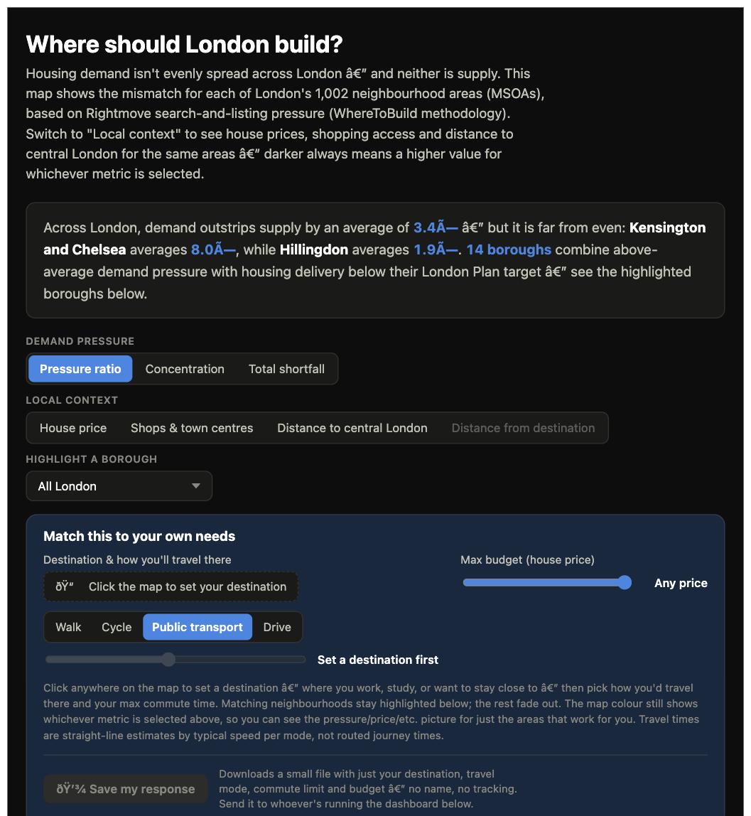 Where Should London Build?, screenshot of the running site